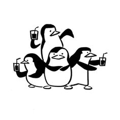 three penguins are drinking beer and one penguin is holding a glass in his hand while another penguin