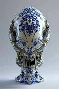 an alien head with blue and white designs on it