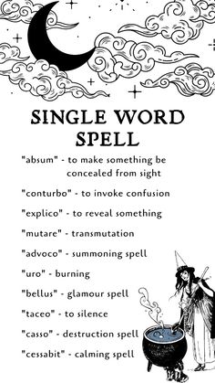 Here are the list of our one word spells! These are the words we invoke when magic is at work. They are rooted in older commands that called upon higher powers to influence the material world. Take a look and decide for yourself if magic is real or if it’s just a bunch of hocus-pocus. Witch Spells And Potions Real, Work Protection Spell, Spell For Good Dreams, Defensive Magic Spells, Spells To See Spirits, Spells Witchcraft Aesthetic, Spells For Halloween Night, Good Spells For Beginners, I Call My Power Back To Me Spell