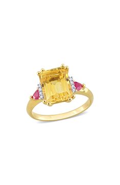 Dainty diamonds and rubies surround an octagon-cut citrine stone that sits square and center on an 18-karat-gold plated ring. Total citrine weight: 3.54ct. Total ruby weight: 0.4ct. Total diamond weight: 0.04ct. Color: H–J Clarity: I3 Sterling silver/18k-gold plate/citrine/ruby/diamond Imported Diamond Guide Yellow Gemstones With Accents Fine Jewelry, Octagon Sapphire Ring With Diamond Accent Stones, Octagon Diamond Ring With Gemstone Accents, Octagon Yellow Gold Ring With Gemstone Accents, Yellow Gold Octagon Rings With Gemstone Accents, Octagon Shaped Citrine Jewelry In Yellow Gold, Formal Yellow Birthstone Ring With Gemstone, Yellow Gold Octagon Topaz Ring, Yellow Gold Octagon Topaz Ring Fine Jewelry