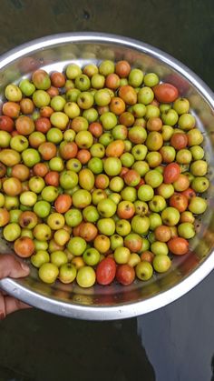 a large metal bowl filled with lots of green and red fruit on top of water