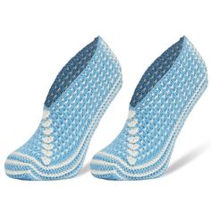 two pairs of blue and white knitted slippers on top of eachother