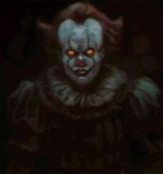 a creepy clown with glowing eyes and red hair