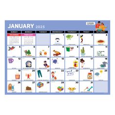 the january calendar is shown with images of people and things to do on it's page