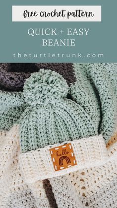 a crochet beanie with the text, free crochet pattern quick and easy beanie