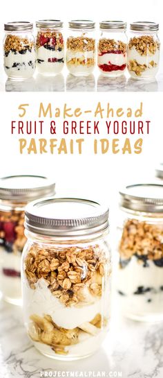 four mason jars filled with fruit and greek yogurt parfait ideas