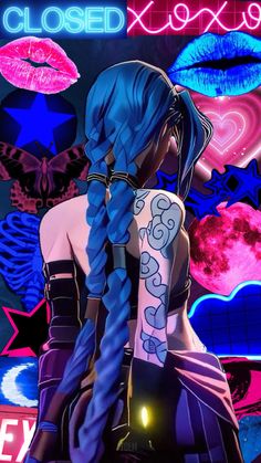 a woman with blue hair and tattoos on her arm is standing in front of neon lights