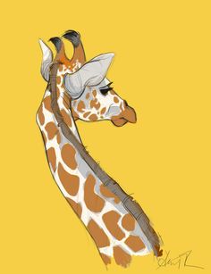 a drawing of a giraffe's head on a yellow background with brown spots