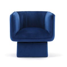 a blue chair sitting on top of a white floor