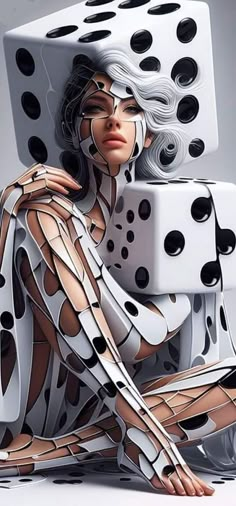 a woman sitting on the ground next to two dices with holes in her body