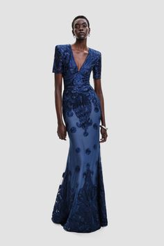 EMBROIDERED V-NECK FIT-AND-FLARE GOWN WITH SHORT SLEEVES – Naeem Khan Elegant Short Sleeve Embellished Gown, Embroidered V-neck Evening Dress, Elegant V-neck Gown With Floral Embroidery, Fitted Gown With Floral Embroidery And Short Sleeves, V-neck Embroidered Wedding Evening Dress, Wedding Gown With Floral Embroidery And Short Sleeves, Short Sleeve Wedding Gown With Floral Embroidery, Fitted Gown With Short Sleeves, Fitted Formal Gown With Short Sleeves