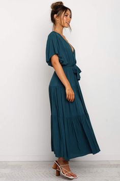 Barker Dress - Teal - Petal & Pup USA Summer V-neck Belted Midi Dress, Chic V-neck Midi Dress With Tie Fastening, Summer Midi V-neck Dress With Tie Waist, Summer Maxi Dress With Surplice Neckline For Brunch, Summer V-neck Maxi Dress With Tie Fastening, Summer Flowy V-neck Dress With Tie Waist, Flowy Summer V-neck Dress With Tie Waist, Spring Maxi Dress With Tie Fastening For Brunch, Chic Short Sleeve Maxi Dress With Tie Waist