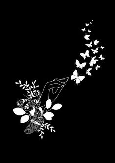 a black and white drawing of a woman's hand reaching for flowers with butterflies in the background