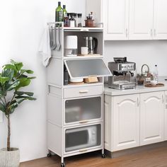 a kitchen with white cupboards and appliances on the counter top next to a potted plant