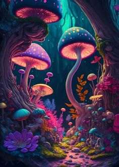 a painting of mushrooms in the forest