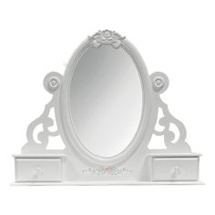 an ornate white vanity mirror with drawers on the bottom and one drawer below it, in front of a white background