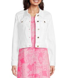 From Lilly Pulitzer&#x2C; this jacket features: Denim fabrication Point collarLong sleevesFront chest pockets Side slant pocketsButton cuffsUnlined Straight hemlineGold button down closure Approx. length 20"Cotton/elastane Machine wash/tumble dry Imported. White Denim Jacket With Patch Pockets For Spring, Spring Button-up Denim Jacket With Patch Pockets, Spring Cotton Denim Jacket With Flap Pockets, Spring Denim Jacket With Buttoned Pockets, Spring Button-up Denim Jacket With Pockets, Spring Button-up Denim Jacket With Flap Pockets, Spring Fitted Denim Jacket With Patch Pockets, Spring Denim Jacket With Pockets And Button-up, Spring Button-up Denim Jacket With Buttoned Pockets