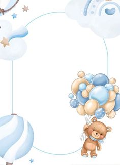 a teddy bear holding balloons in the air