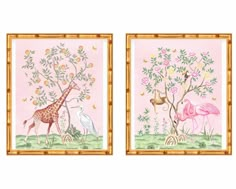 two framed paintings with birds and giraffes on pink wallpaper, one in gold frame