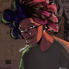 an illustration of a woman with colorful hair and glasses on her face, looking at the camera