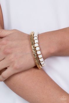 Catalina Marina White Bracelet - Jewelry by Bretta Mobile Boutique, White Bracelet, Pink Bubbles, Gold Disc, White Bracelets, Paparazzi Accessories, Stretchy Bracelets, Paparazzi Jewelry, Stretch Bracelets