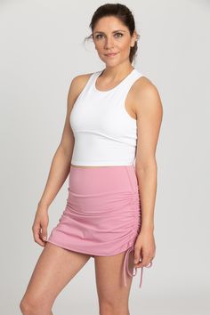 75% Nylon, 25% Spandex Built-In Spandex Shorts Adjustable Length, Drawstring Side Ties Model Details: Modeled in size: Small, Small Model Bust: 34, 32 Model Waist: 27, 25 Model Height: 5'9, 5'9 Cropped Quarter Zip, Postpartum Belly, Light Mauve, Athletic Skirt, Crop Bra, Tennis Skirts, Pre Pregnancy, Crop Top Bra, Spandex Shorts