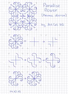 the cross stitch pattern is shown in blue and white, as well as four different designs