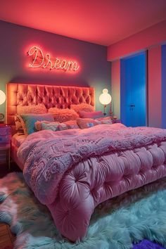 a bedroom with pink bedding and neon lights