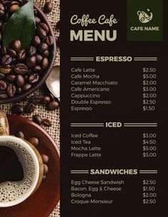 a menu with coffee beans on it and a cup of coffee next to the plate