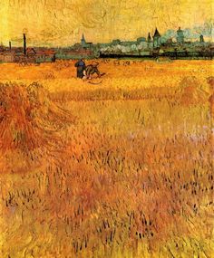 an image of a wheatfield with two men in the distance by van goght