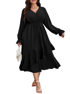 PRICES MAY VARY. FEATURES: Plus Size Maxi Dresses / Long Sleeve Dress / Plus Size Dresses for Curvy Women/ Cross V Neck Dress / High Waist / Self Tie Belt / High Low Dress / Flowy A-Line Dress / Semi Formal Dress / Plus Size Cocktail Dress / Plus Size Wedding Guest Dress/ For Spring, Summer, Fall. This Plus Size Wrap Dress, Made Of 100% Polyester, Provides You Great Breezy Feeling And Contributes a Large Portion Of Comfort. And It Is Wonderfully Regular Fit Without Restricting Your Movement DESIGNS: The Plus Size Dress Features Cross V Neck That Shows Your Pretty Neckline And Clavicle. The Long Lantern Sleeve with Ruffle Cuff Adds a Playful And Sweet Touch For This Casual Dresses HIGHLIGHTS: The Flowy A-Line Silhouette Drapes Beautifully to Show Your Charming Curve.Self Tie Belt At The Wai Semi Formal Dress Plus Size, Dress Plus Size Wedding Guest, Long Sleeve Dress Plus Size, Formal Dress Plus Size, Cocktail Dress Plus Size, Plus Size Cocktail Dress, Plus Size Wedding Guest Dress, Plus Size Wrap Dress, Dresses For Curvy Women