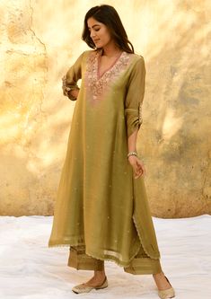 Niti Bothra-Olive Green Mystic Knot Ombre Kurta And Pants-INDIASPOPUP.COM Niti Bothra, Mystic Knot, Kurta And Pants, Kurta And Palazzo, Kurta Palazzo Set, Ombre Fashion, A Line Kurta, Palazzo Set, Organza Dupatta