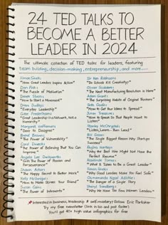 a paper with the words 24 ted talks to become a better leader in 2021 on it