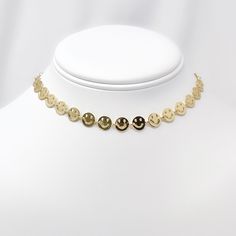 "This listing is for one adjustable gold plated smiley face choker. Choker is 14\" with a 3.5\" extension, maximum length is 17.5\". Great for sensitive skin!" Trendy Gold Choker With Adjustable Length, Trendy Adjustable Gold Choker, Trendy Gold Choker, Trendy Adjustable Choker, Adjustable Gold-plated Choker, Trendy Gold-plated Choker With Adjustable Chain, Trendy Adjustable Necklaces, Dainty Adjustable Gold-plated Choker, Adjustable Dainty Gold-plated Choker