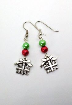 Christmas Package Beaded Earrings, Present Charms, Dangle Earrings, Christmas Earrings, Gift Charms, Sassy Earrings, Christmas Jewelry Green Jewelry With Dangling Charms For Gift, Green Jewelry With Dangling Charms As Gift, Holiday Beaded Dangle Earrings, Holiday Jewelry With Matching Drop Earrings, Holiday Matching Drop Earrings, Silver Dangling Charms Earrings As Gift, Silver Earrings With Dangling Charms For Gifting, Silver Earrings With Dangling Charms As Gift, Nickel-free Festive Jewelry