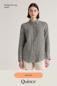 The wash, dry, and go linen shirt you've been waiting for. Chic yet casual, this classic button-up is a true wardrobe essential. Did we mention, it goes with just about everything? Including our organic linen pants.  | Quince | Women's Long Sleeve Shirt in Khaki / Black Gingham, Size Medium, Linen Black Gingham, European Linens, Organic Linens, Womens Long Sleeve Shirts, Linen Pants, Quince, You've Been, Linen Shirt, Wardrobe Essentials