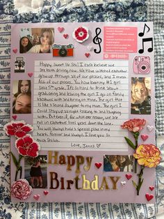 a birthday card with photos and flowers on it, surrounded by music notes in the background