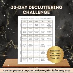 the 30 - day decluttering challenge is on display in front of a black background