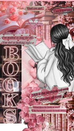 a collage of pink roses, books and a girl with long black hair holding a book