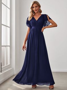 A-Line Pleated Chiffon Tie-Waist Evening Dress #color_Navy Blue Only By His Grace, Wedding Cute Ideas, Maid Of Honour Dress, Cap Sleeve Bridesmaid Dress, Sleeve Bridesmaid Dress, Mom Dresses, Womens Prom Dresses, Skirt And Sneakers, Ever Pretty