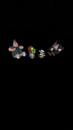 three cartoon characters laying on the ground in the dark, with one person holding a skateboard