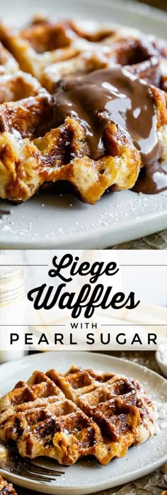 some waffles are on a plate with chocolate drizzled over them