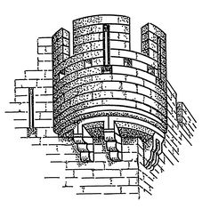 an old drawing of a brick wall with a spiral staircase going up it's side, vintage line drawing or engraving illustration