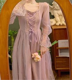 Misty Grace Romantic Vintage-Style Lace Fairy Princess Dress Long Sleeve Fairy Dress For Wedding, Pink And Purple Dress, Tangled Dress, Vintage Princess Dress, Embroidered Fairy, Cottagecore Fashion Aesthetic, Fairy Princess Dress, Purple Long Dress, Rapunzel Dress