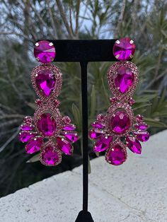 Fuchsia earrings Formal Pink Chandelier Earrings, Purple Rhinestone Earrings For Party, Purple Rhinestone Party Earrings, Rose Red Drop Earrings For Party, Glamorous Earrings For Prom, Rose Red Dangle Earrings For Party, Purple Crystal Earrings For Party, Glamorous Purple Drop Earrings, Elegant Pink Chandelier Earrings