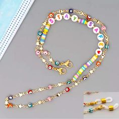 Evil Eyes Beaded Necklace Eyeglasses Holder Chain Face Mask Holder Chain Multi-Color Pastel Colored Beads Two Silicone Attachments Are Included B27-04 Gold Beaded Chain For Summer, Yellow Glass Beaded Necklace, Gold Glasses Chains With Colorful Glass Beads, Bohemian Gold Glasses Chains With Colorful Beads, Trendy Gold Beads For Summer, Gold Beaded Necklaces With Letter Beads For Beach, Gold Beaded Glasses Chains For Summer, Eyeglass Chain Holders, Leather Eyeglass Cases