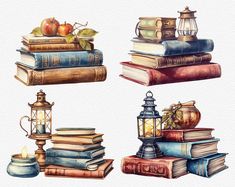 watercolor painting of books, lantern and apples