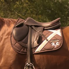 a close up of a horse's saddle with trees in the background