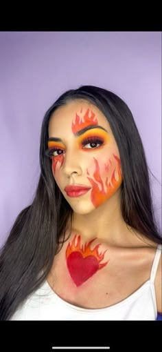 Fire Face Makeup, Fire And Water Makeup, Fire Face Painting, Fire Halloween Makeup, Fire Makeup Look Easy, Fire And Ice Makeup Looks, Fire Makeup Halloween, Flame Face Paint, Brothers Costume Ideas