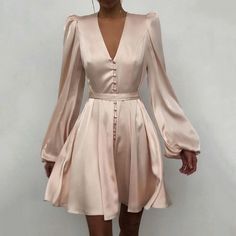 Lasaky - Satin Sheen Slim-fit Dress with Lantern Sleeves and Short Skirt Design Bishop Sleeve Dress, Designer Midi Dresses, Puff Long Sleeves, Retro Mode, Pleated Mini Dress, V Neck Midi Dress, Silk Slip Dress, Slim Fit Dresses, Slim Dresses